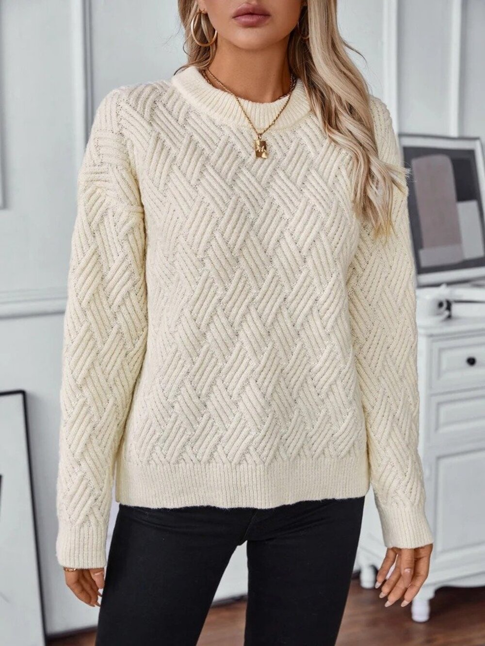 Epretty Cream Textured Knit Pullover Sweater Womens Size Large Long Sleeve NEW